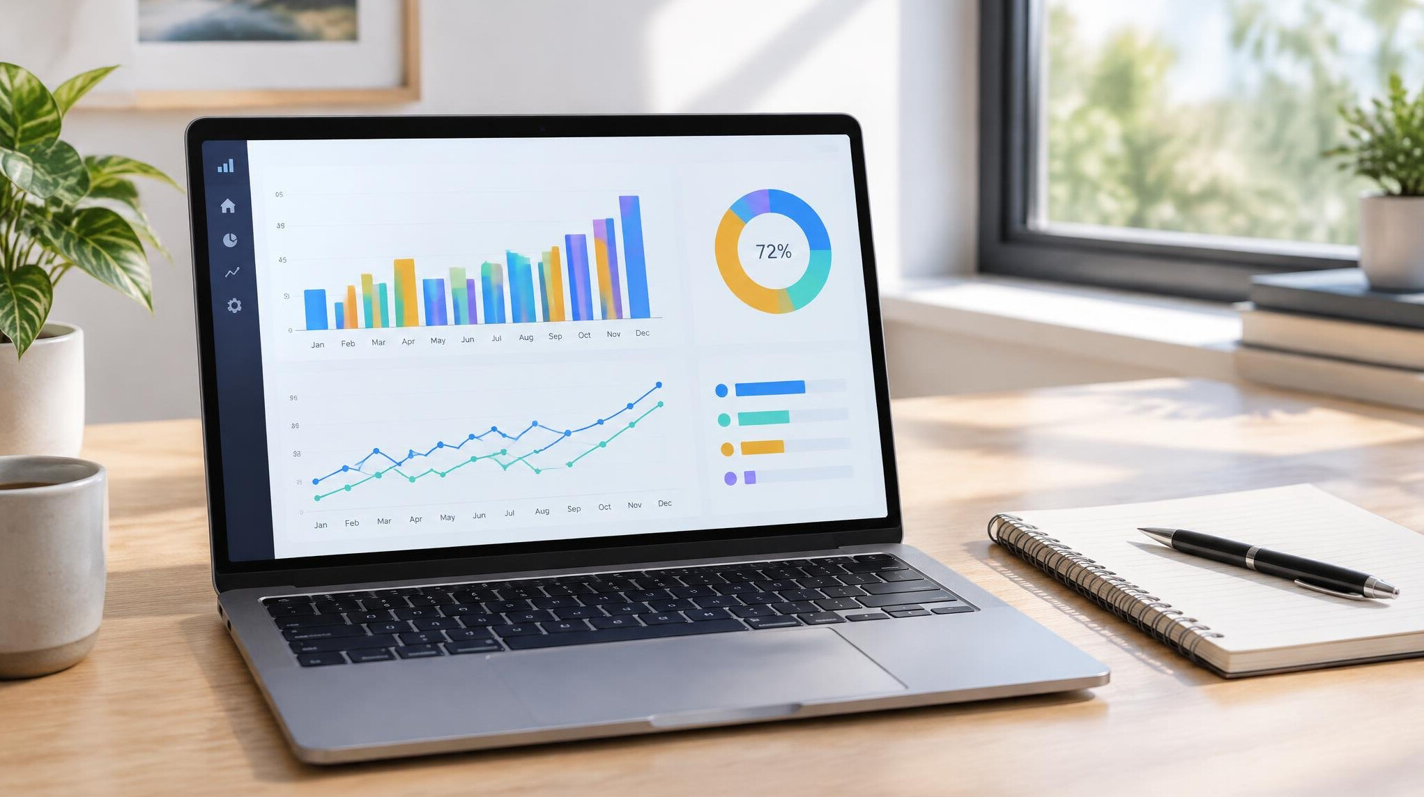 Analytics dashboard with charts on a laptop screen